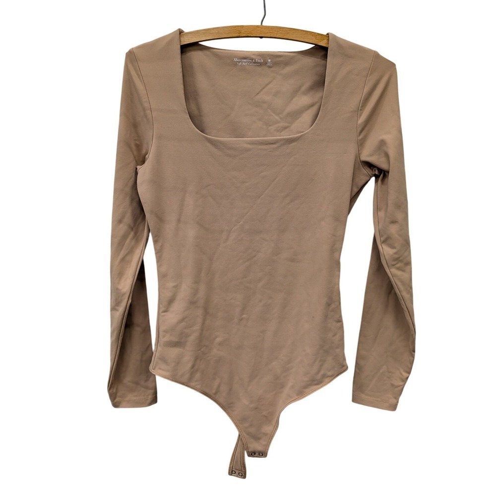 Abercrombie & Fitch Soft Matte Seamless Long Sleeve Square Neck Bodysuit‎ Tan- M - Picture 2 of 6